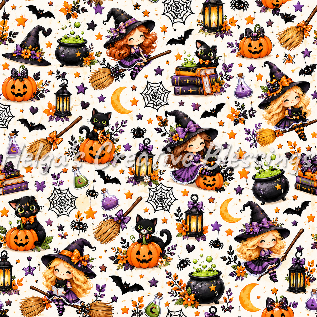 Halloween Pumpkins and Cute Witches