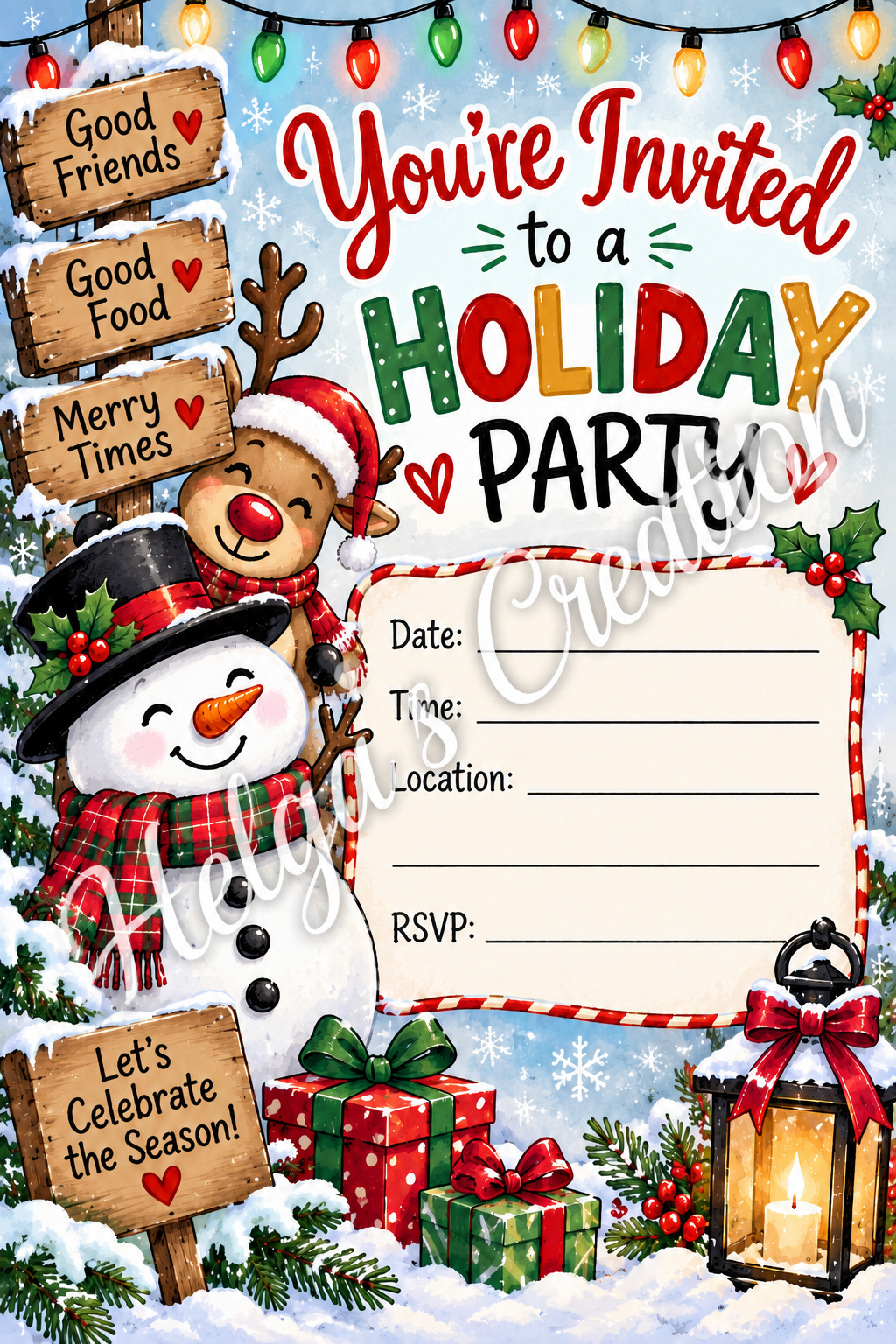Cute Snowman and Reindeer Holiday Invitation Regular