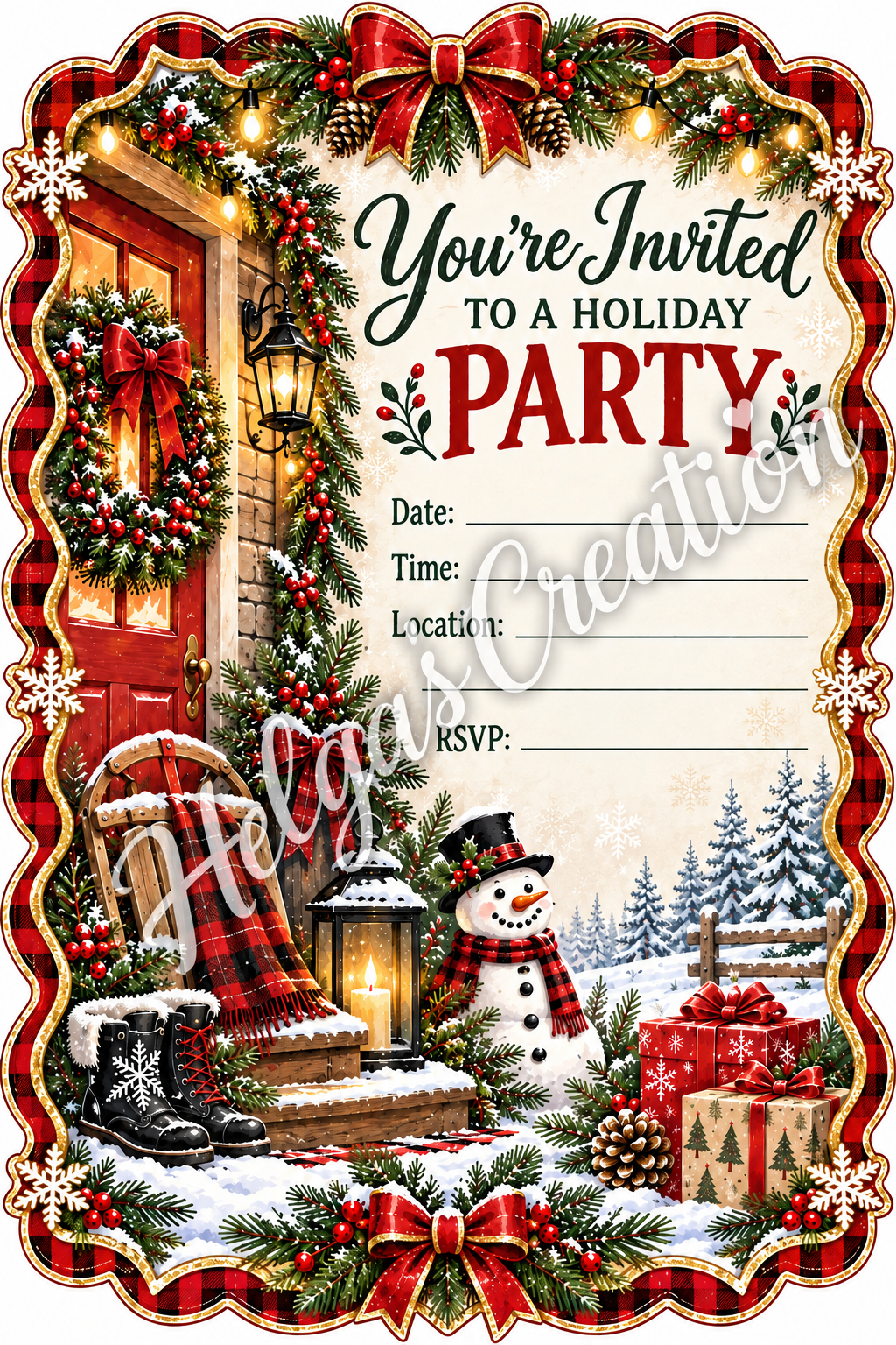 Country Snowman Holiday Invitation with Decorative Cut Edge
