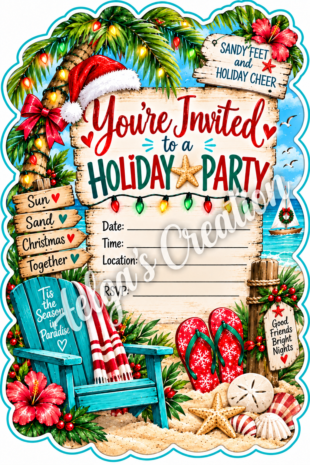 Beach Themed Holiday Invitation- Decorative Cut Edge