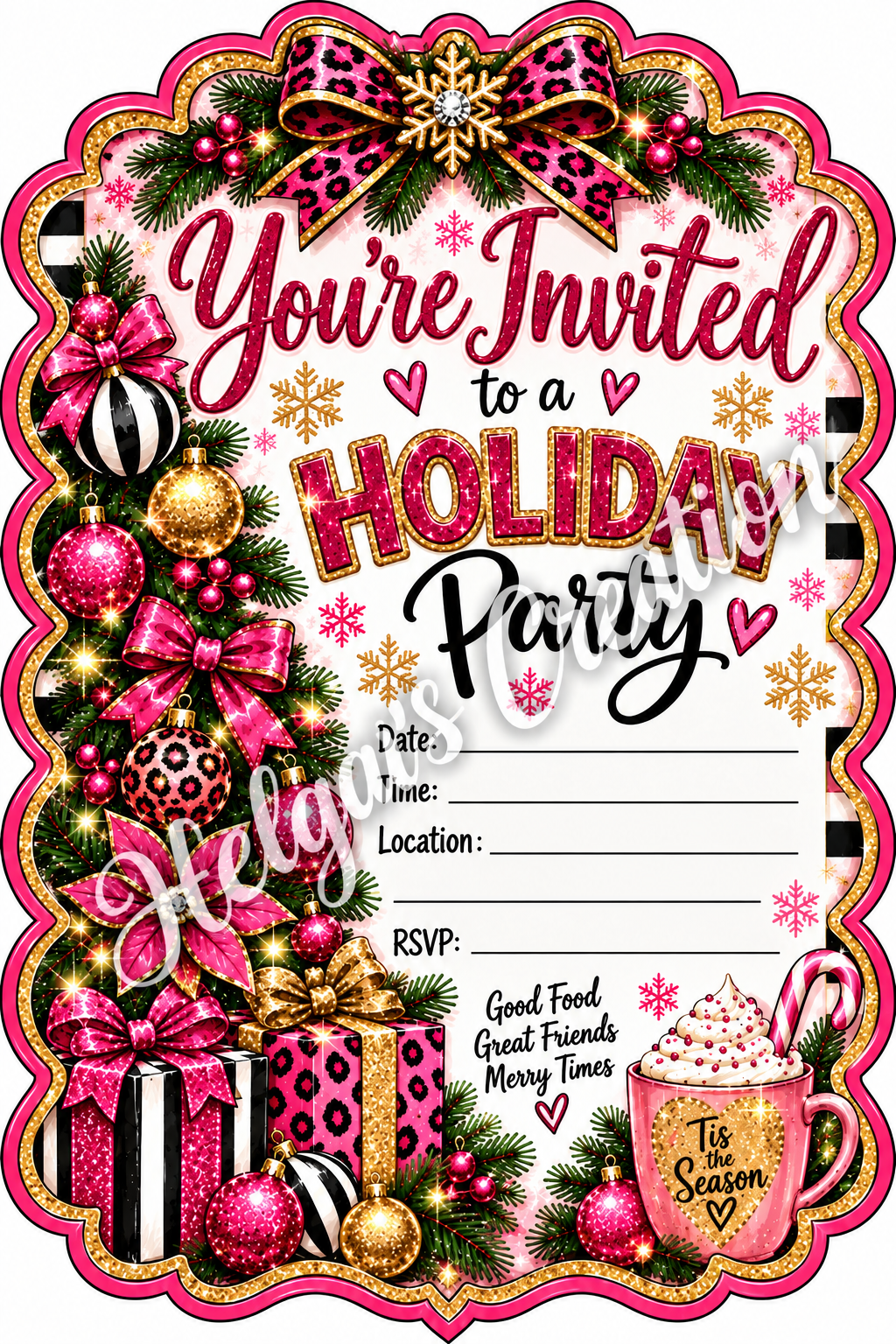 Pink Bling Holiday Invitation with decorative cut edge