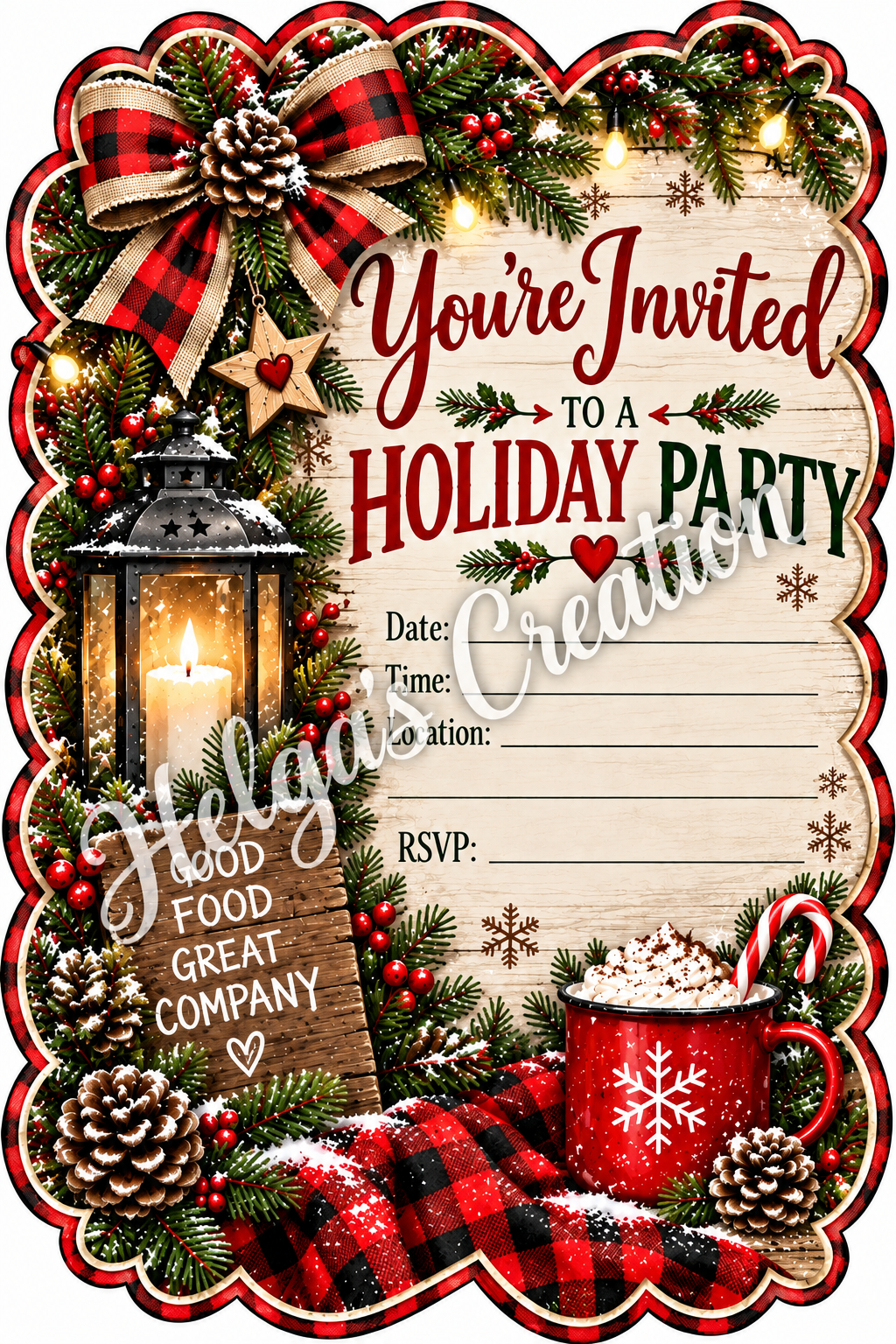 Rustic Lantern Holiday Invitation Edged with Decorative Cut Edge