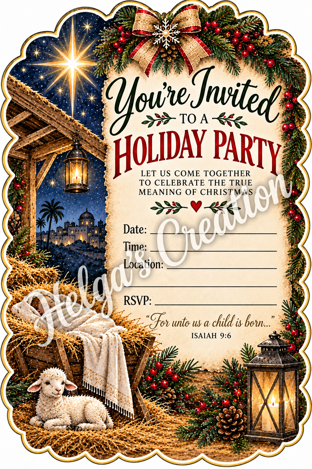 Nativity Holiday Invitation with Decorative Cut Edge