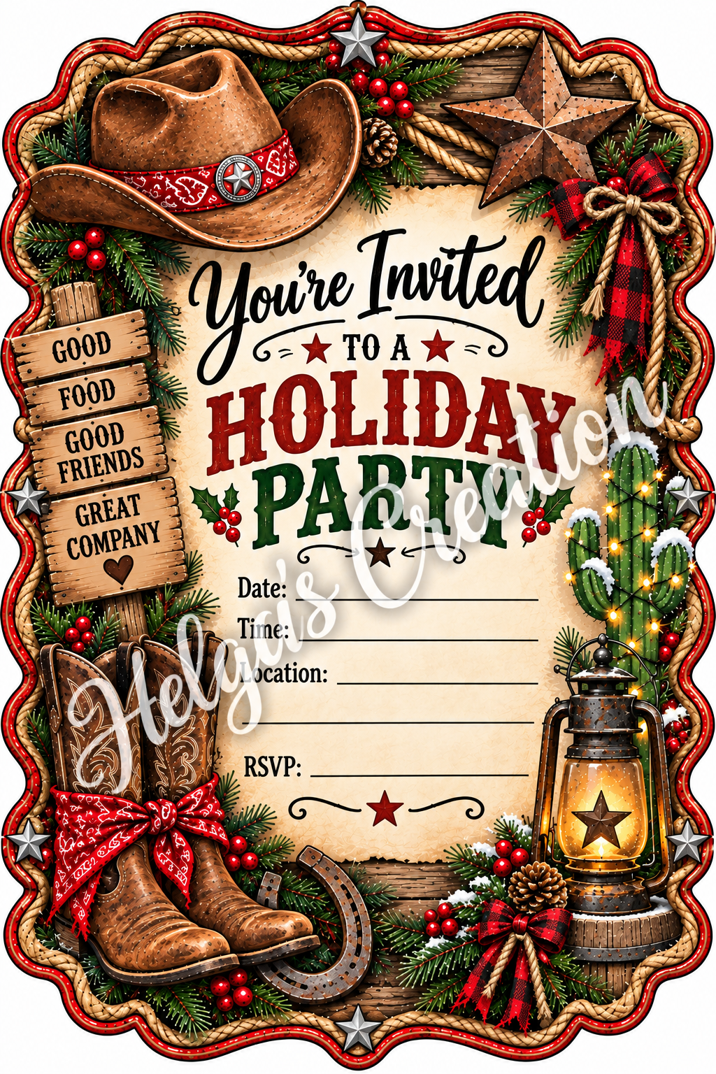 Cowboy Christmas Holiday Invitation  with Decorative Cut Edge