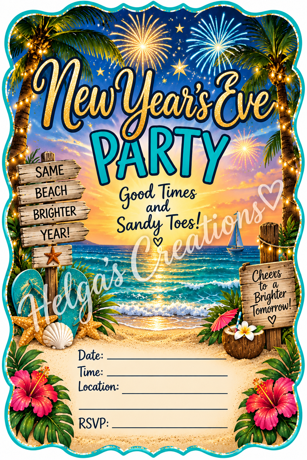 Good Times & Sandy Toes New Years Eve Invitation with Decorative Cut Edge