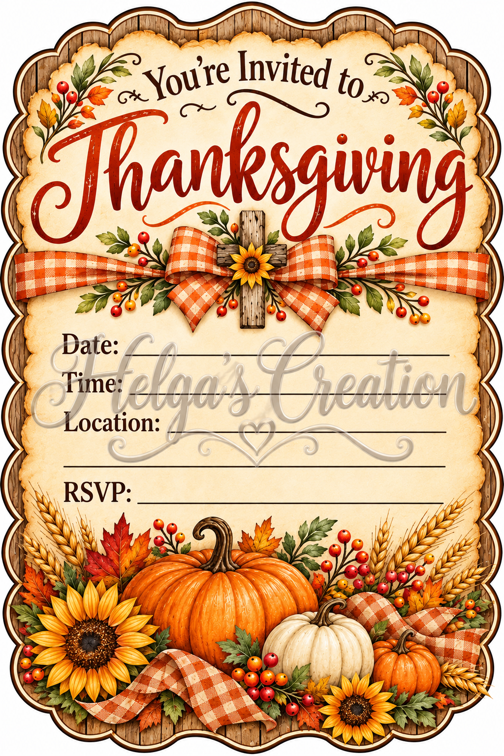 Rustic Thanksgiving Invitation with Decorative Cut Edge