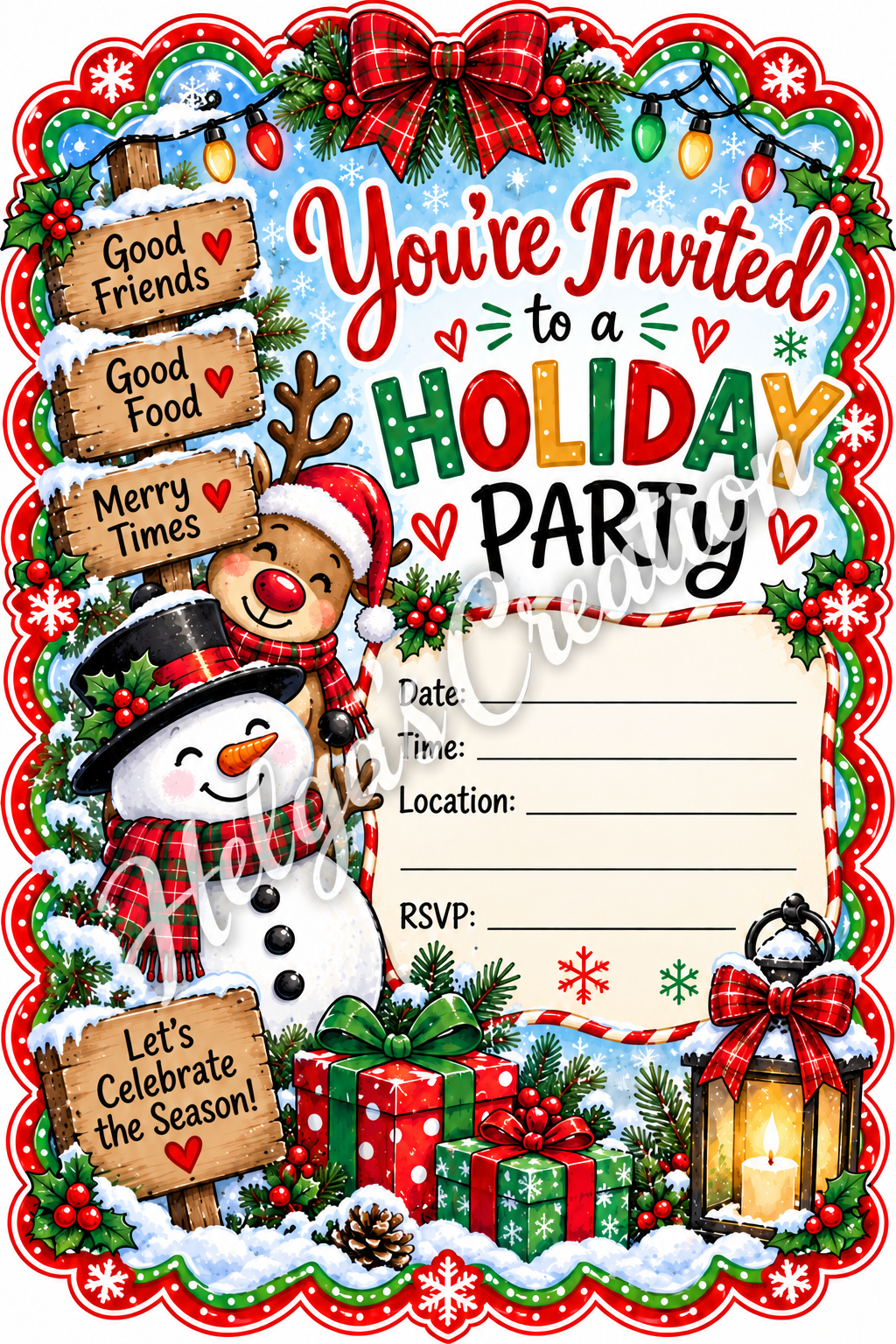 Cute Snowman and Reindeer Holiday Invitation with Decorative Cut Edge